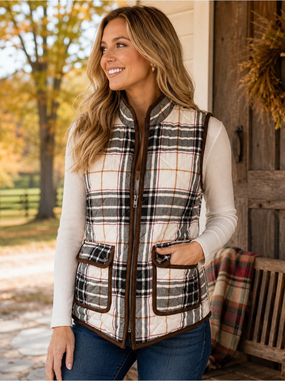 Foxcroft Women’s Quilted Plaid Vest M Cotton Equestrian Country Fall
